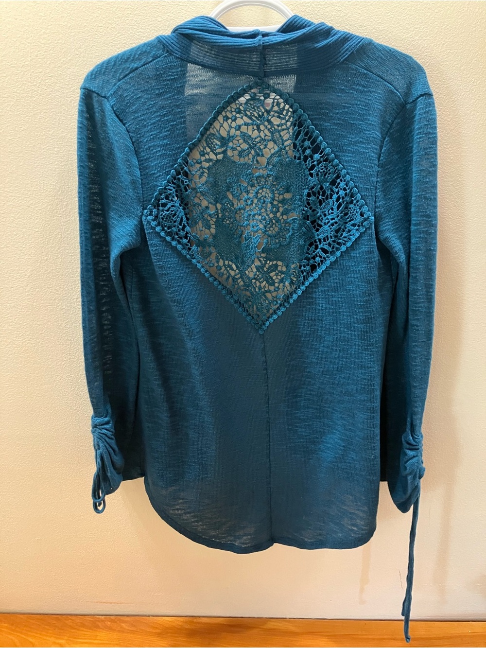 No Boundaries Teal Crochet-Back Long Sleeve Top